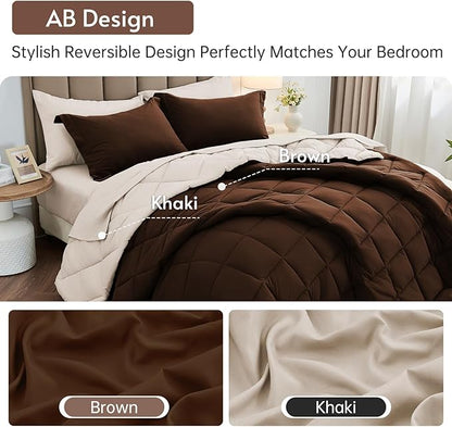 MUXHOMO 5 Pieces Twin XL Comforter Set, Reversible Bed in a Bag Twin XL Size, All Season Bedding Set with Comforter, Flat Sheet, Fitted Sheet, Pillowcases & Shams, Brown & Khaki