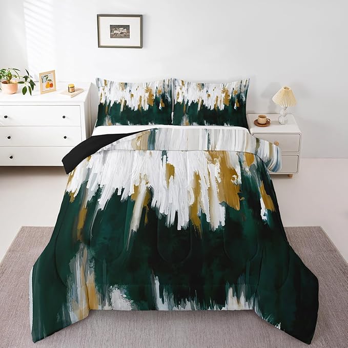 Erosebridal Emerald Green Comforter King Watercolor Graffiti Bedding Set, Striped Oil Painting Down Comforter Aesthetic Modern Bed Set, Ombre Brush Marks Contemporary Quilted Duvet