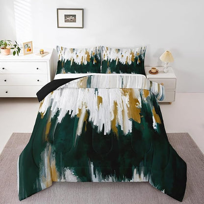 Erosebridal Emerald Green Bedding Set Queen Watercolor Graffiti Comforter Set, Striped Oil Painting Bedding Comforter Sets Aesthetic Modern Duvet Insert, Ombre Brush Marks Contemporary Down Comforter