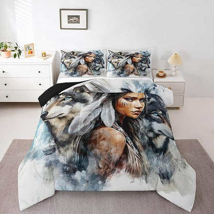 Erosebridal Indian Woman and Wolf Full Bedding Set,Hunting Wolf Comforter Set for Kids Adults Bedroom Decor,Wild Animal Safari Quilt Set Exotic Boho Bedding Comforter Sets,2 Pillowcases