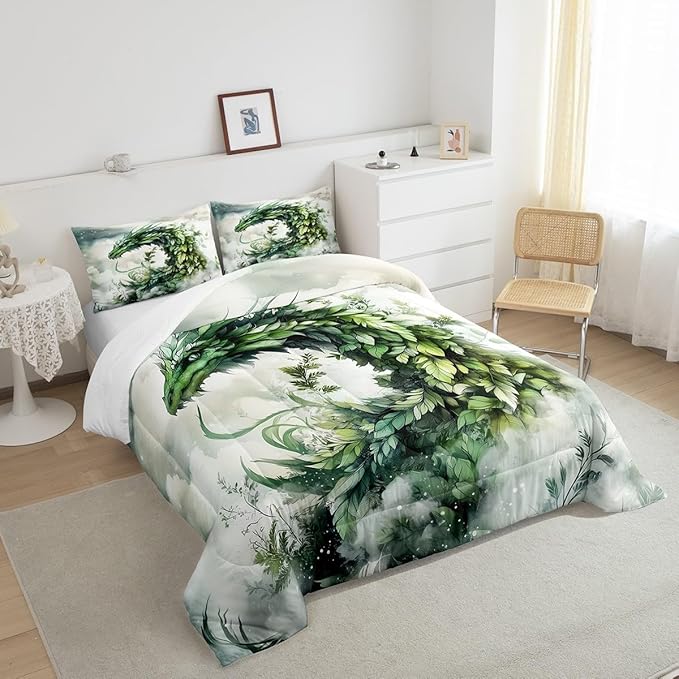 Manfei Dragon Leaves Comforter Set for Kids Adults,Mystery Dragon Wildlife Rustic Plants Bedding Comforter Sets Twin,Dreamy 3D Cloud Sky Quilt Comforter with 1 Pillowcase