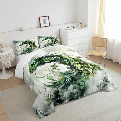 Manfei Dragon Leaves Comforter Set for Kids Adults,Mystery Dragon Wildlife Rustic Plants Bedding Comforter Sets Toddler,Dreamy 3D Cloud Sky Quilt Comforter with 1 Pillowcase
