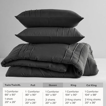 Comfort Spaces Black Queen Size Comforter Set - 3 Pieces Pintuck Pleated Bedding Sets Queen, All Season Lightweight, Extra Softness Pre-Washed Microfiber Queen Bed Set, Shams, Full/Queen