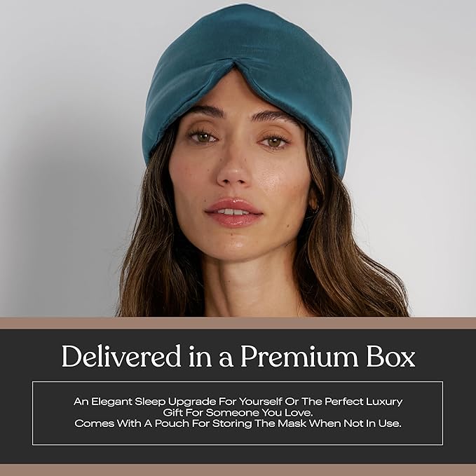 Lunya Washable Silk Sleeping Mask - Thermoregulating Mulberry Silk, Light Blocking and Comfortable Fit – Sleep Mask for Women and Men with Box - Piquant Teal - Large