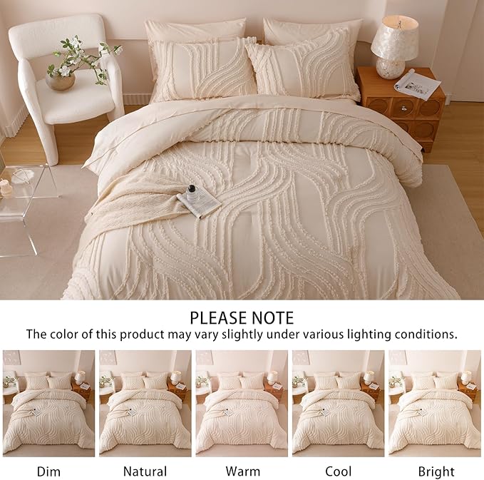 Beige Full Comforter Set - 7 Pieces Bed in a Bag, Premium Comforters Full Size Bed Set Tufted Shabby Chic Bedding Comforter Set with Flat Sheet, Fitted Sheet and Pillowcases,Beige