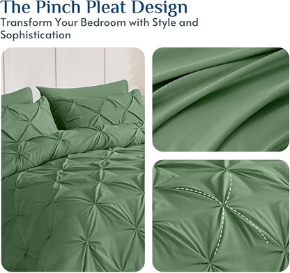 JOLLYVOGUE Full Size Comforter Sets 7 Pieces - Bed in a Bag Full for All Season, Pintuck Bedding Comforter Sets with Comforter, Flat Sheet, Fitted Sheet and Pillowcases & Shams, Green