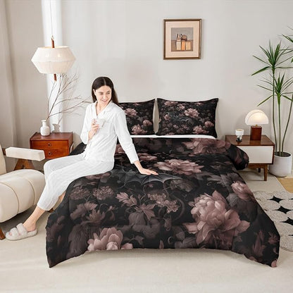 Erosebridal Gothic Bedding Set Queen for Home, Goth Halloween Decor Comforter Set for Kids Teens Women Men Bedroom, Gothic Bat Black Floral Comforter, Vintage Victorian Baroque Quilt, 2 Pillowcases