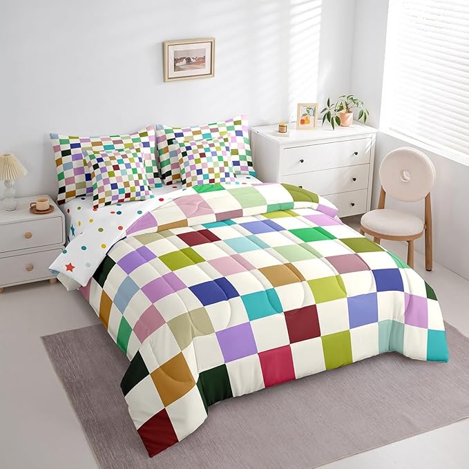 Feelyou Colorful Checkered 7 Piece Bedding Set Teen Retro Modern Geometric Colorful Comforter Set with Sheets King Size Kids Boys Cute Neutral Plaid Bed in a Bag Vintage Aesthetic Room Decor