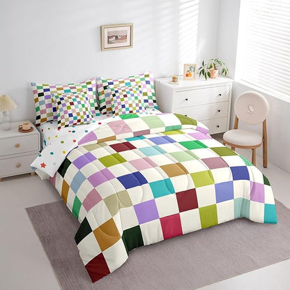 Feelyou Colorful Checkered 7 Piece Bedding Set Teen Retro Modern Geometric Colorful Comforter Set with Sheets King Size Kids Boys Cute Neutral Plaid Bed in a Bag Vintage Aesthetic Room Decor