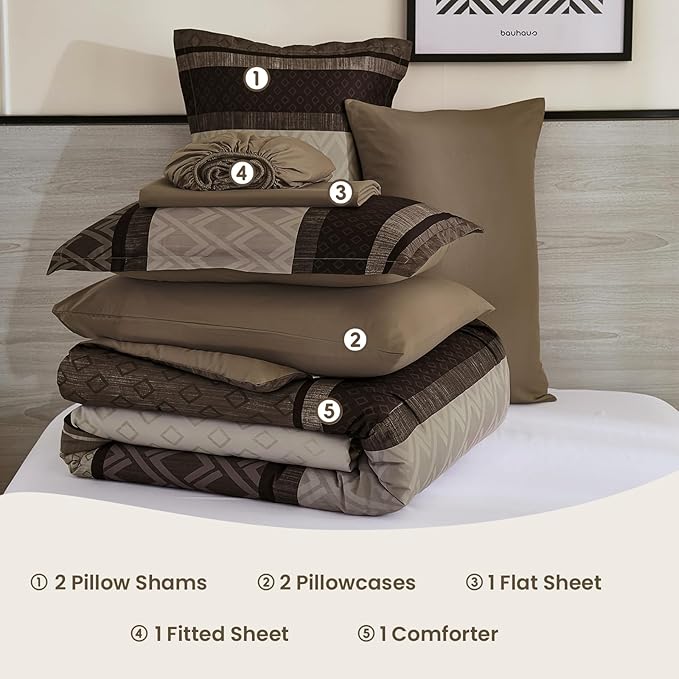 Cottolester Boho Comforter Set King Size,Light Brown Striped Bed in a Bag,7 Piece Plaid Comforter and Sheet Set,Soft Microfiber Complete Bedding Sets
