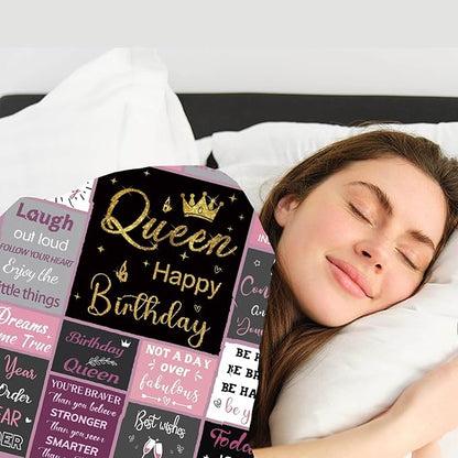 Queen Birthday Gifts for Women, Birthday Blanket with Gift Box for Women, Gifts for A Birthday, Happy Birthday Decorations Gift Ideas for Her, Birthday Gifts Throw Blanket 60"x50"