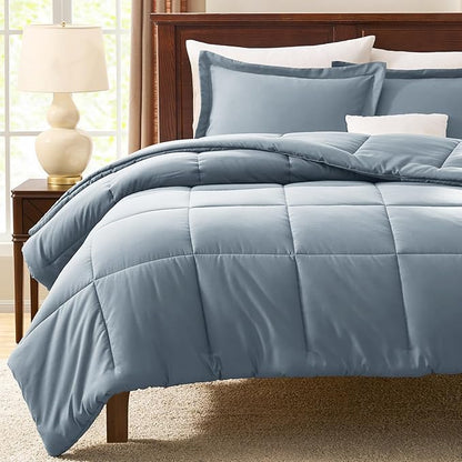CozyLux Full Size Comforter Sets - Grayish Blue Comforter Full Size, 3 Pieces Box Stitched Bed Set for All Seasons, Soft Lightweight Bedding Sets with 1 Down Alternative Comforter and 2 Pillow Shams