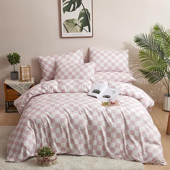 KAREVER Pink White Grid Comforter Set Twin Pink Plaid Bedding Set Girls Blush White Checkered Bed Blanket Set Kids Breathable Durable Bedding Comforter Set