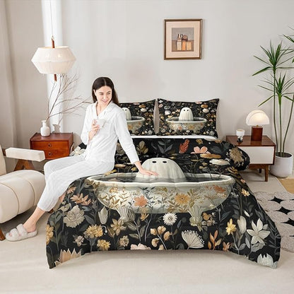 Erosebridal Kids Halloween Decorations Black Bedding Set Toddler, Halloween Ghost Comforter Set Funny Gothic Decor Comforter for Boys Girls Teens Adults, Retro Horror Terror Theme Quilt