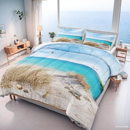 MOVE OVER Ocean Comforter Set California King Size 4 Pieces Coastal Bedding Set Blue Hawaii Island Scenery Design Ocean Beach Themed Comforter Set for Summer