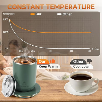 Self Stirring Heated Coffee Mug 11oz, Electric Temperature Control Mug with Auto Shut-Off, Stainless Steel Smart Coffee Cup Warmer with Detachable Heating Base for Study, Campus & Daily Use (Green)