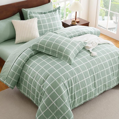 CozyLux King Size Comforter Set Sage Green - 7 Pieces Plaid Bed in a Bag Set, Soft Bed Set King Bedding Sets with All Season Quilted Comforter, Flat Sheet, Fitted Sheet, Pillowcases & Pillow Shams