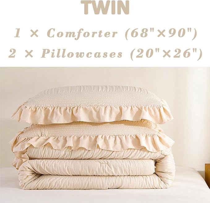 Twin Comforter Set, Seersucker Vintage Comforter Ultra-Soft Bedding Set Twin/Twin XL 3 Piece Set, Down Alternative Light Weight Comforter Set (Beige, Twin 68"x90")