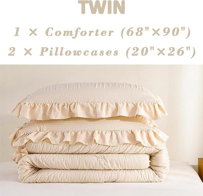 Twin Comforter Set, Seersucker Vintage Comforter Ultra-Soft Bedding Set Twin/Twin XL 3 Piece Set, Down Alternative Light Weight Comforter Set (Beige, Twin 68"x90")