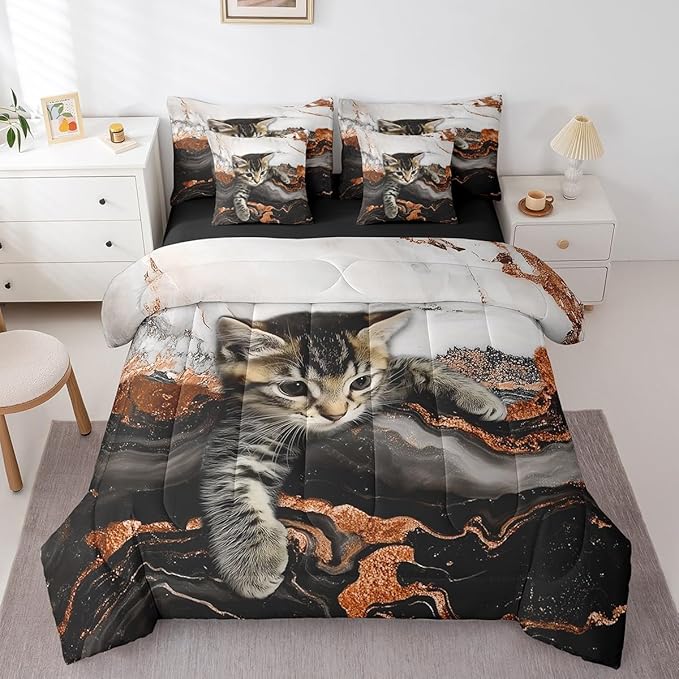 Erosebridal Orange Marble Bedding Set Twin Watercolor Marble Ink Fluid Bed in A Bag Luxury Modern Marbling Cat Comforter Sets with Sheets Retro Artwork Style Aesthetic Bed Set(Orange, Twin)