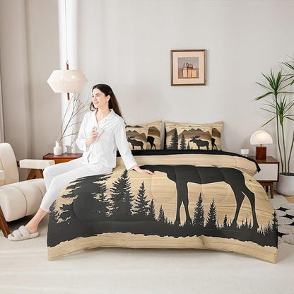 Erosebridal Antler Moose Bed in A Bag with Flat Fitted Sheets | Full Size 7 Pieces Hunting Deer Comforter Set with Sheets Rustic Cabin Lodge Bedding Set Woodland Country Deer Silhouette Bed Sets