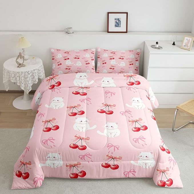Feelyou Pink Girls Bow Comforter Set Queen Size Cute Cat Bedding Set for Boys Teens Decor Kawaii Cherry Print Comforter Cute Bowknot Duvet Set Bedroom Lovely Bow Quilt Set 3Pcs