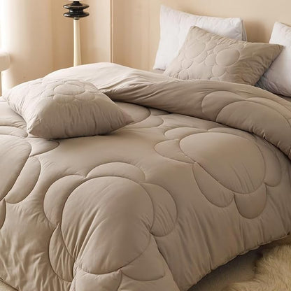 Cottonight Beige Khaki Comforter Set Full Light Khaki Sunflower Bedding Comforter Set Women Men Beige Mocha Blanket Quilts Big Flower Printed 3 Piece Soft Breathable Bedding Set Full Size