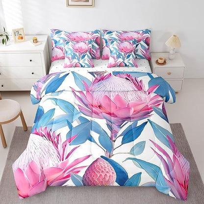 Feelyou Flower Comforter Set Queen Size 7 Pieces Florals Bedding Set for All Season Blossom Flowers Pattern Nature Theme Bed in a Bag with Comforter, Sheets, Pillowcases & Cushion Cover