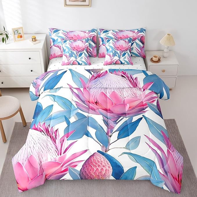 Feelyou Flower Comforter Set Full Size 7 Pieces Florals Bedding Set for All Season Blossom Flowers Pattern Nature Theme Bed in a Bag with Comforter, Sheets, Pillowcases & Cushion Cover