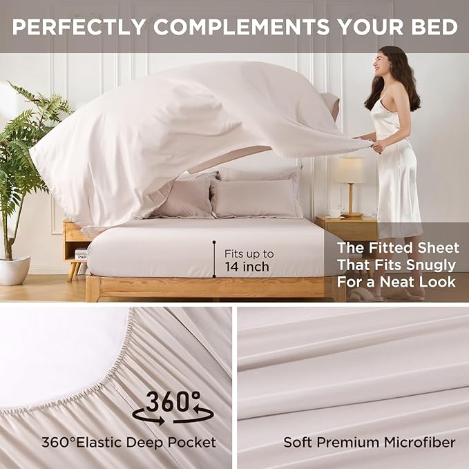 7 Pieces King Comforter Set - Utral Soft Microfiber Bedding Set, Thick Duvet Insert Bed in a Bag Without Rustling Noise for All Season, Beige (102"x90")