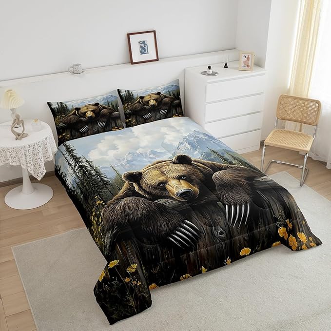 Feelyou Kids Bear Comforter Set Twin Size Rustic Cabin Country Bedding Set for Boys Girls Wood Farmhouse Comforter Adult Duvet Set,1 Comforter+ 1 Pillow Shams,Brown Blue Yellow