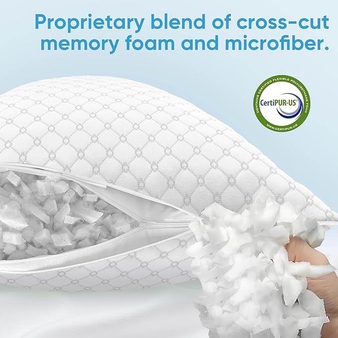 Shredded Memory Foam Pillow, Queen Size Cooling Adjustable Firm Bed Pillow for Sleeping, Washable Removable Cover, Ideal for Side, Back & Stomach Sleepers
