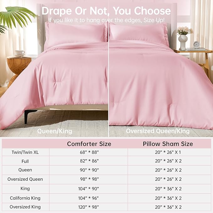 MUXHOMO Pink Oversized Queen Comforter Sets, All Season Ultra Soft Down Alternative Bedding - 3 Piece Lightweight Bed Set Includes 1 Comforter (98"*98") and 2 Pillow Shams (20"x26")