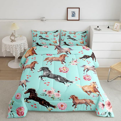 Horse Queen Comforter for Girls,Kawaii Farmhouse Horse Print Bedding Sets for Cowboy Cowgirl,Rustic Wild Animal Quilt Set,Watercolor Rose Flowers Leaves Duvet Insert with 2 Pillow Shams Lightweight