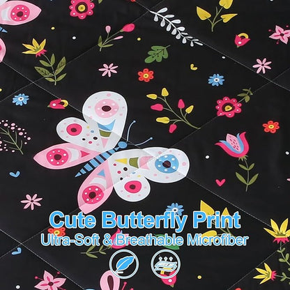 Kids Butterfly Comforter Set Full Size for Girls Black 7 Piece Bed in A Bag Colorful Flowers Leaves Bedding Set for Teens Super Soft All Season