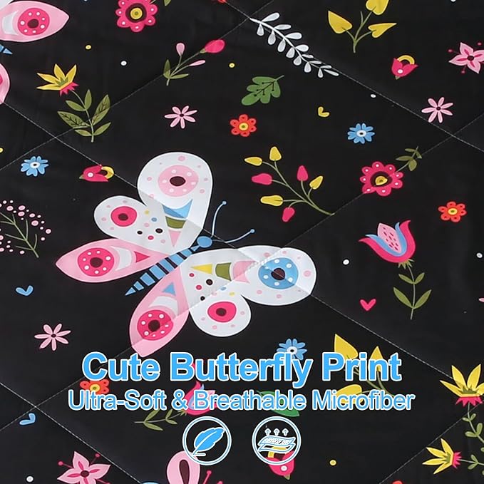 Girls Butterfly Comforter Set Queen Size Black 7 Piece Bed in A Bag Colorful Flowers Leaves Bedding Set for Kids Teens Adults Super Soft All Season