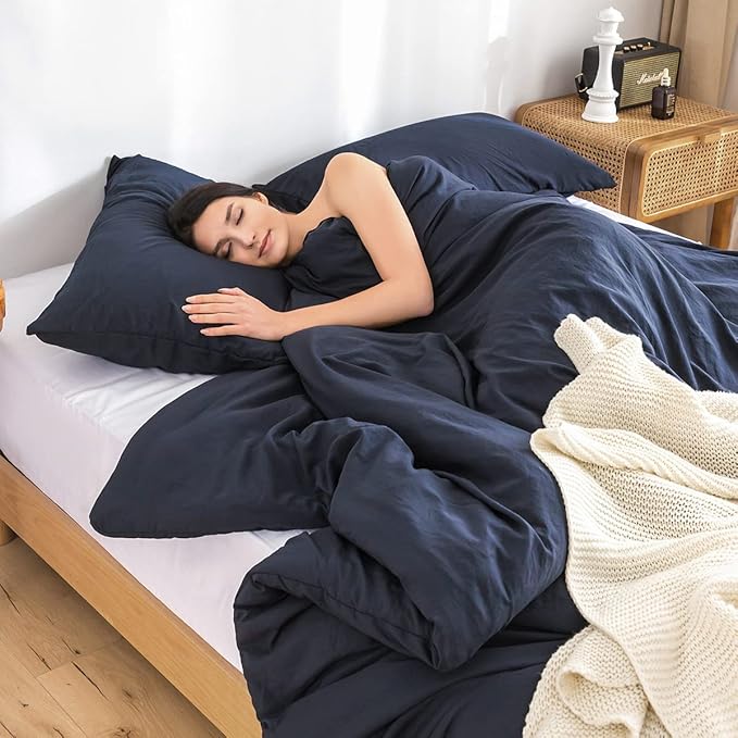 COTTEBED Dark Blue Queen Comforter Set with 2 Pillowshams, Ultra-Soft Bedding Comforter Sets for Full Bed Fluffy Washed Cotton Microfiber Alternative Down All Seasons Use (Dark Navy Blue,Full/Queen)