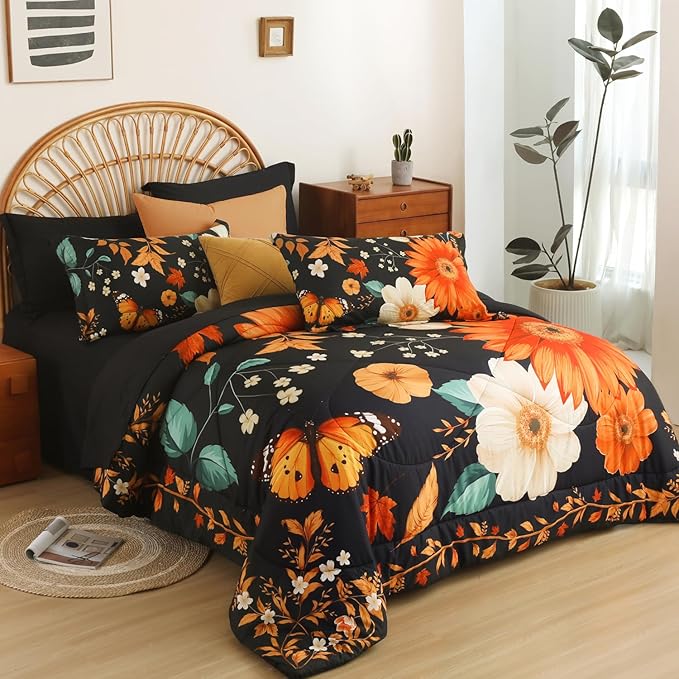 EVENHUG Queen Comforter Set 7 Pieces Lightweight Soft Queen Size Comforters for All Season Floral Bedding Sets Bed in a Bag with Flat Sheet and Fitted Sheet Pillowcases (90"x90")