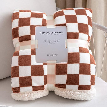 LOMAO Sherpa Throw Blanket Fleece Blanket with Checkered Pattern Soft Thick Blanket for Couch, Bed, Sofa Luxurious Warm and Cozy for All Seasons (Maple Brown, 51"x63")