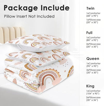 Comforter Set Full Size, Boho Rainbow Pink Soft 3 Pcs Bedding for Kids and Adults, Love Colorful Nursery Comforter Set with 2 Pillowcases, for Bedroom Bed Decor
