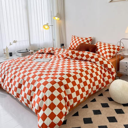 CLOTHKNOW Orange Plaid Full Size Comforter Sets Grid Bedding Comforter Sets Terracotta Checker Comforter with 2 x Pillow Cases
