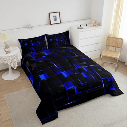 Erosebridal Neon Blue Black Comforter Set Twin Size 2 Piece Geometric Kids Bedding Set Honeycomb Comforter for Teens Women Adult Bedroom Decor, Aesthetics Modern Quilt