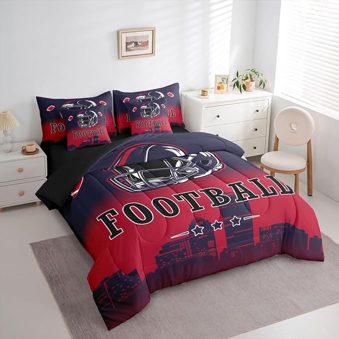 Erosebridal Kids Football Comforter Set with Sheets American Soccer Competitive Sports 7 Piece Bedding Set Twin for Boys Girls Teen,Rugby Sports Games Bed in A Bag Ball City Bed Set