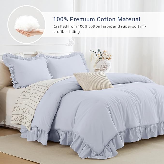 CozyTide Cotton King Comforter Set,Farmhouse Cornflower Blue Shabby Ruffle Bedding Comforter Lightweight Ultra Soft Vintage Ruffled Rustic Bedding for All Season