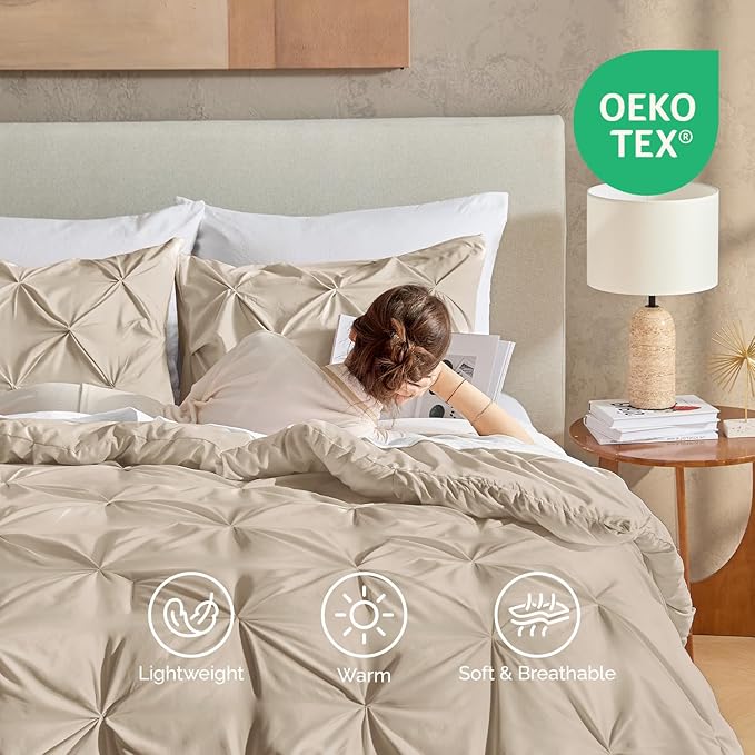 Andency Full Comforter Set Khaki, 3 Pieces Pinch Pleat Bedding Comforters & Sets, Pintuck Lightweight Fluffy All Season Bed Set for Women Men Girls(79x90Inch)