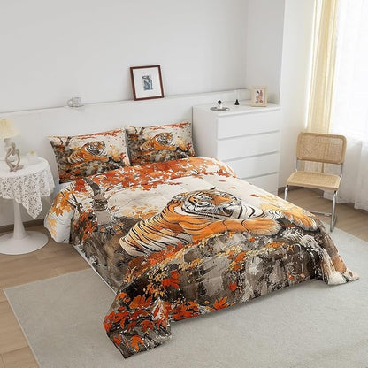 Jungle Tiger Comforter Queen,Autumn Maple Tree Traditional Chinese Painting Quilt Comforter with 2 Pillowcases,Wildlife Black Orange Stripes Bedding Set Comfortable,Soft and Breathable