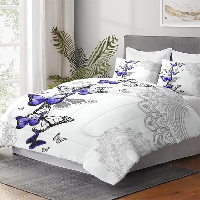 Queen Size Comforter Set with 2 Pillowcases, Summer Spring Purple Butterfly 3 Pcs Bedding for Kids and Adults, Abstract Circular Mandala Floral Soft Comforter Set for Bedroom Bed Decor