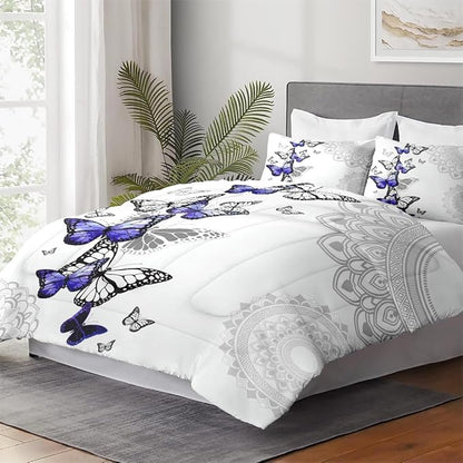 Queen Size Comforter Set with 2 Pillowcases, Summer Spring Purple Butterfly 3 Pcs Bedding for Kids and Adults, Abstract Circular Mandala Floral Soft Comforter Set for Bedroom Bed Decor