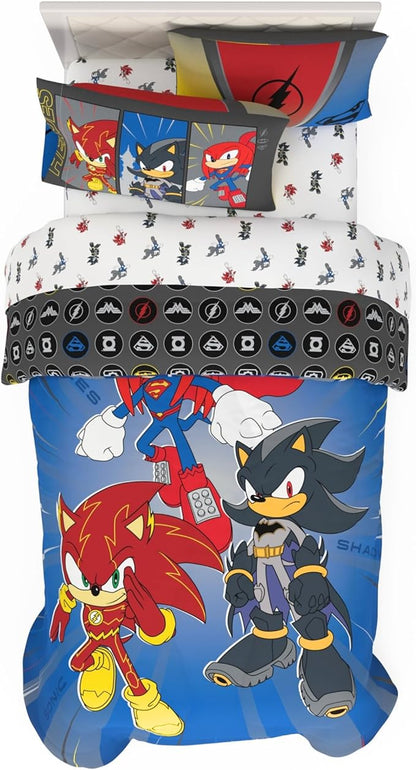 DC x Sonic The Hedgehog Kids Bedding Set, Twin Size, 4-Piece Super Soft Cozy Reversible Comforter & Sheet Set (Officially Licensed Product) by Franco | Durable, Reversible, Officially Licensed
