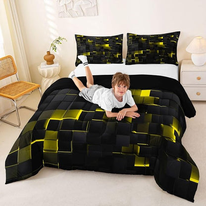 Erosebridal Black Yellow Comforter Set Twin Neon Geometric Checkered Bedding Set for Kids Adults Abstract Stereoscopic Grids Quilt Square Plaid Bed Set 2 Pcs Gamer Room Decor